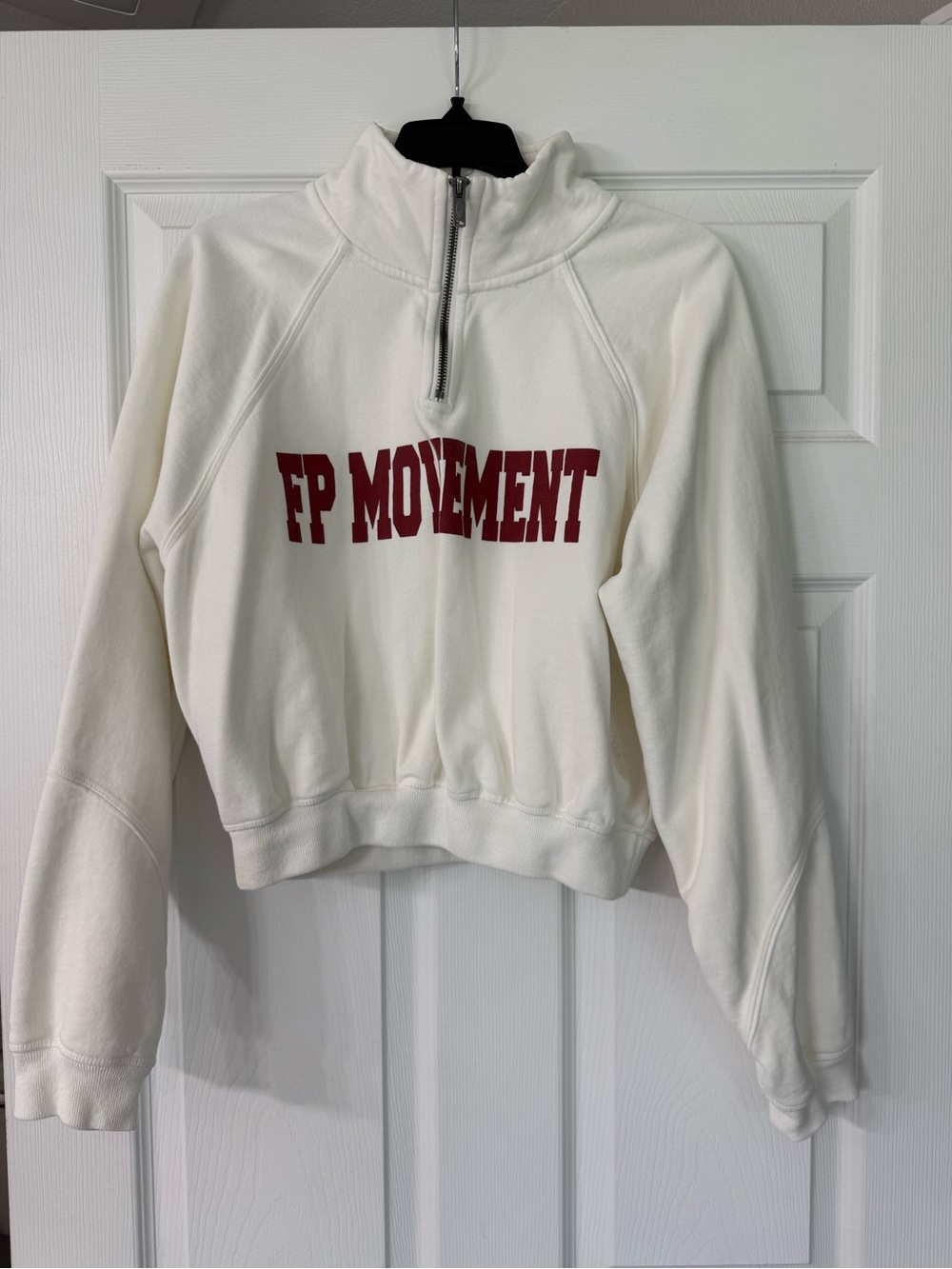 Free People Ivory Cropped Half-Zip Sweatshirt with Burgundy Logo
